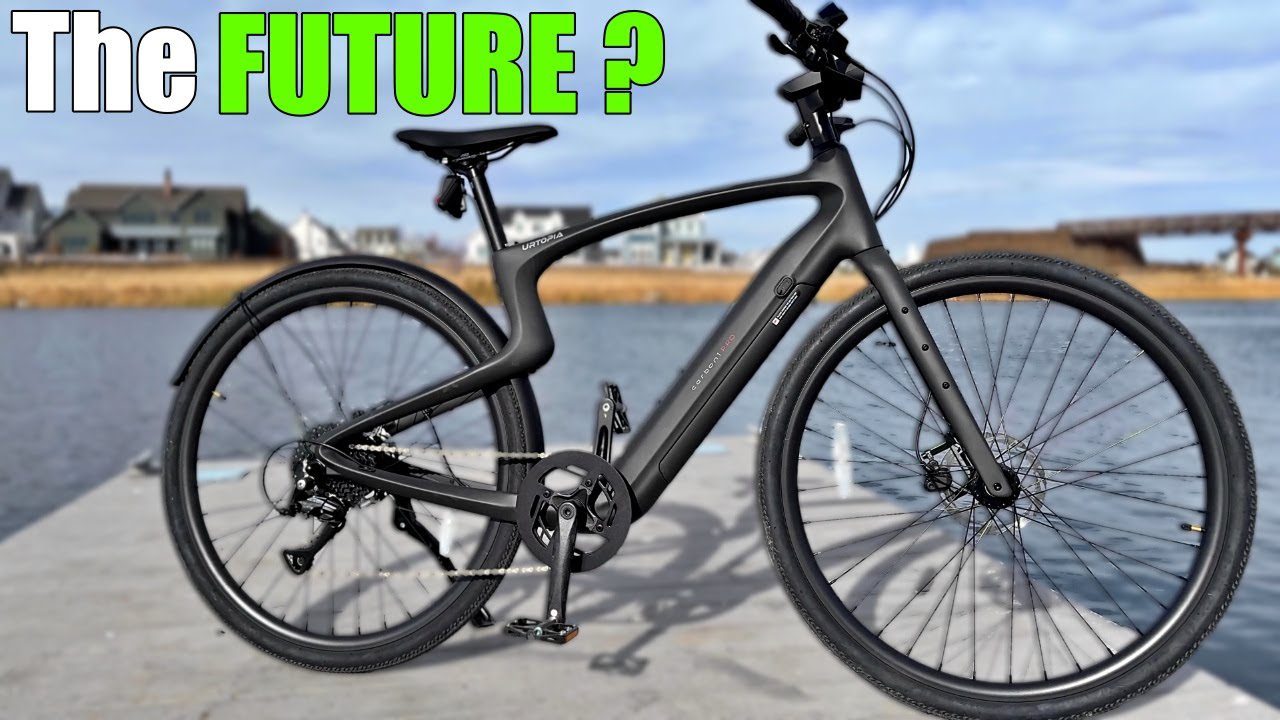 A modern black bicycle on a dock near water, with houses in the background. Text on image: "The FUTURE?.