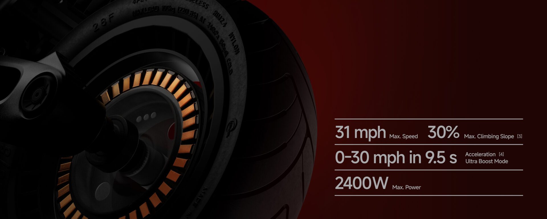 Close-up of an electric scooter wheel with orange highlights, alongside performance specs: 31 mph max speed, 0–30 mph in 9.5s, 2400W max power, and 30% max climbing slope.