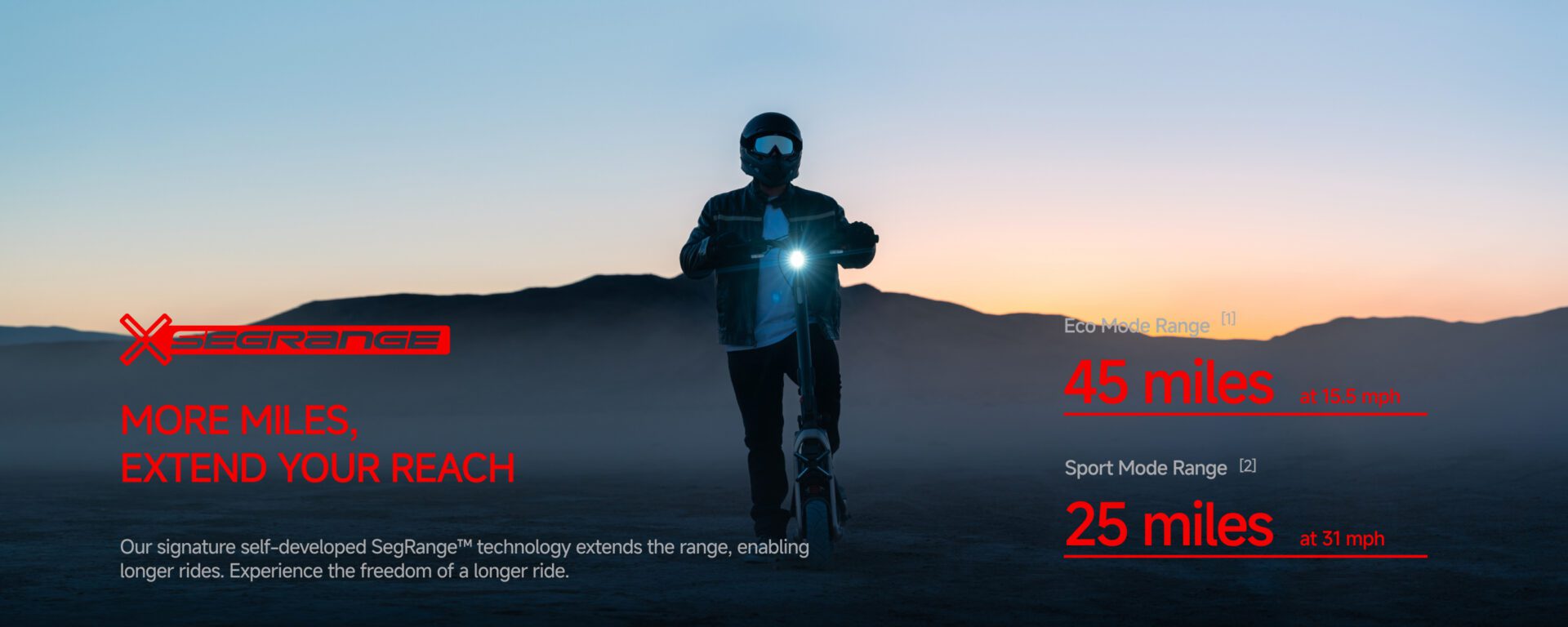 A person standing with an electric scooter at dusk in a desert, with range specifications for Eco (45 miles) and Sport (25 miles) modes displayed on the right side.
