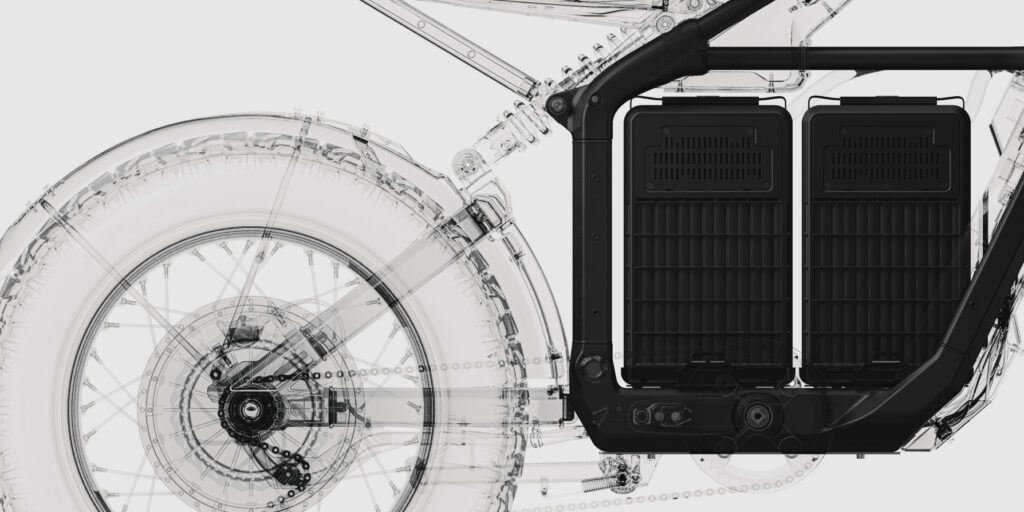X-ray style image of an electric bicycle showing two large battery packs mounted on the frame above the rear wheel.
