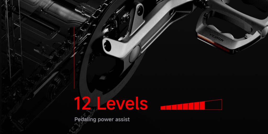 Close-up of a bicycle crankset and pedal with a digital gauge, displaying "12 Levels" and "Pedaling power assist" in red and white text on a black background.