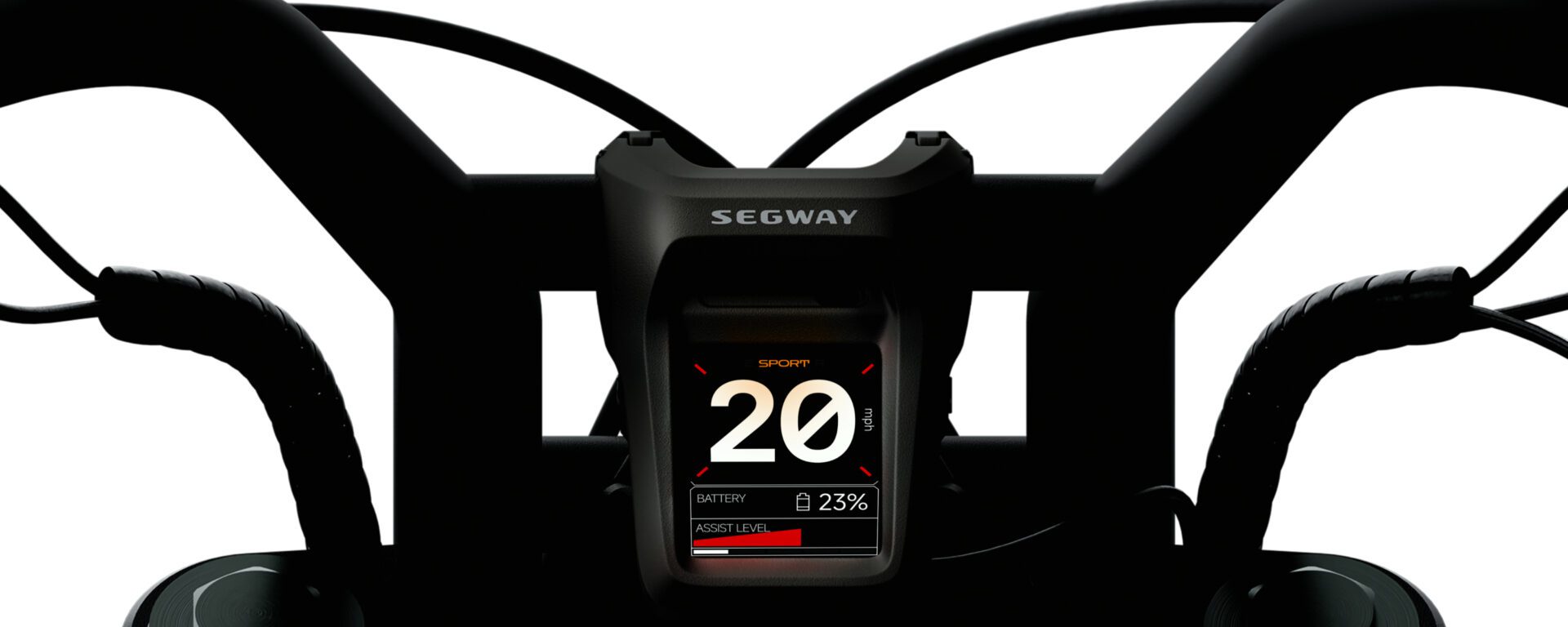 Close-up of a Segway e-bike display showing speed at 20 mph, sport mode, battery at 23%, and assist level, with handlebars visible in the background.