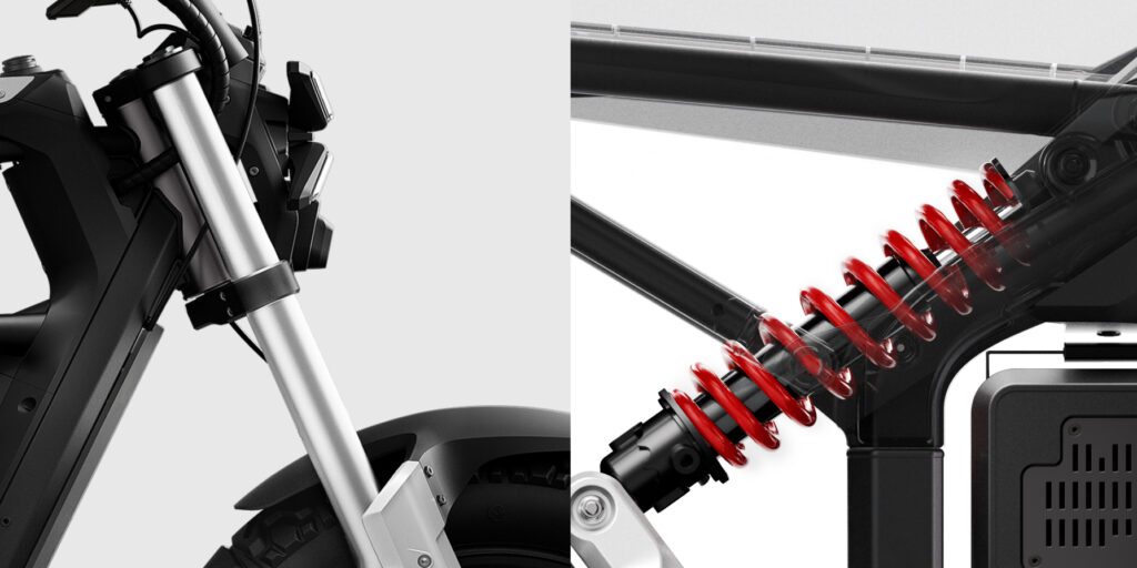 Split image showing close-up details of a motorcycle's front fork suspension on the left and a red rear coil spring suspension on the right.