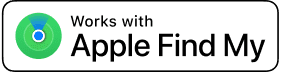 Logo with text: "Works with Apple Find My," featuring a green and blue radar icon on the left.