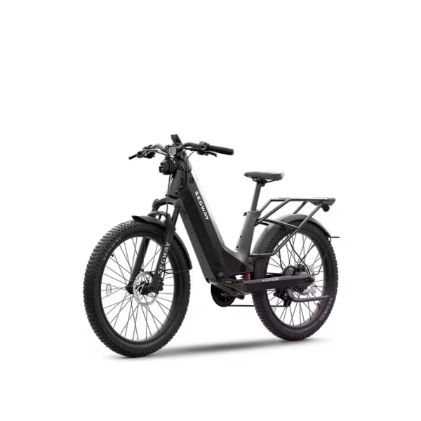 The Segway Xafari Electric Bike in black features wide tires, a front suspension fork, and a rear cargo rack, displayed against a plain white background.