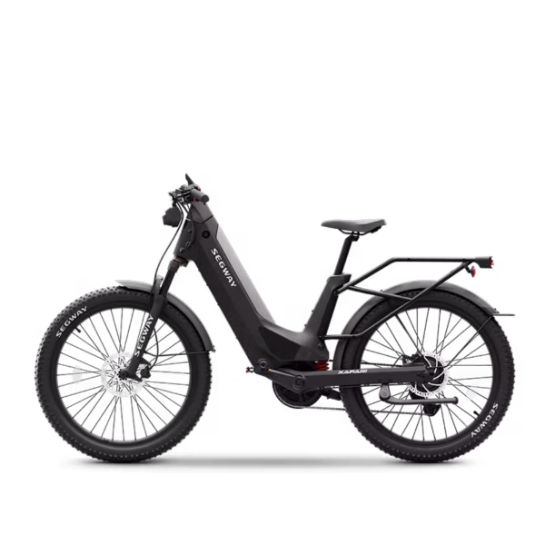 Segway Xafari Electric Bike in black, featuring thick tires, step-through frame, front suspension, rear rack, and disc brakes, viewed from the side on a plain white background.