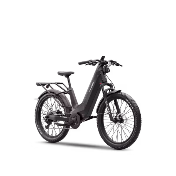 The Segway Xafari Electric Bike, featuring a matte black finish, front suspension, knobby tires, rear rack, and upright handlebars, is displayed against a plain white background.