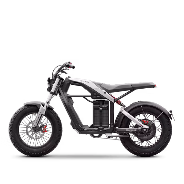 A side view of the Segway Xyber Electric Bike shows its minimalist frame, large tires, exposed battery, and sleek black and white design.