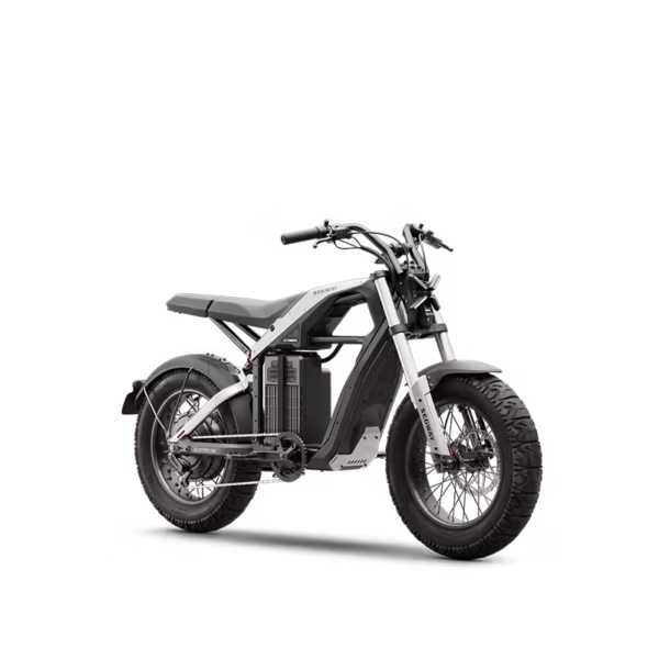 The Segway Xyber Electric Bike features a minimalist design, thick tires, and an exposed battery compartment, shown against a white background.