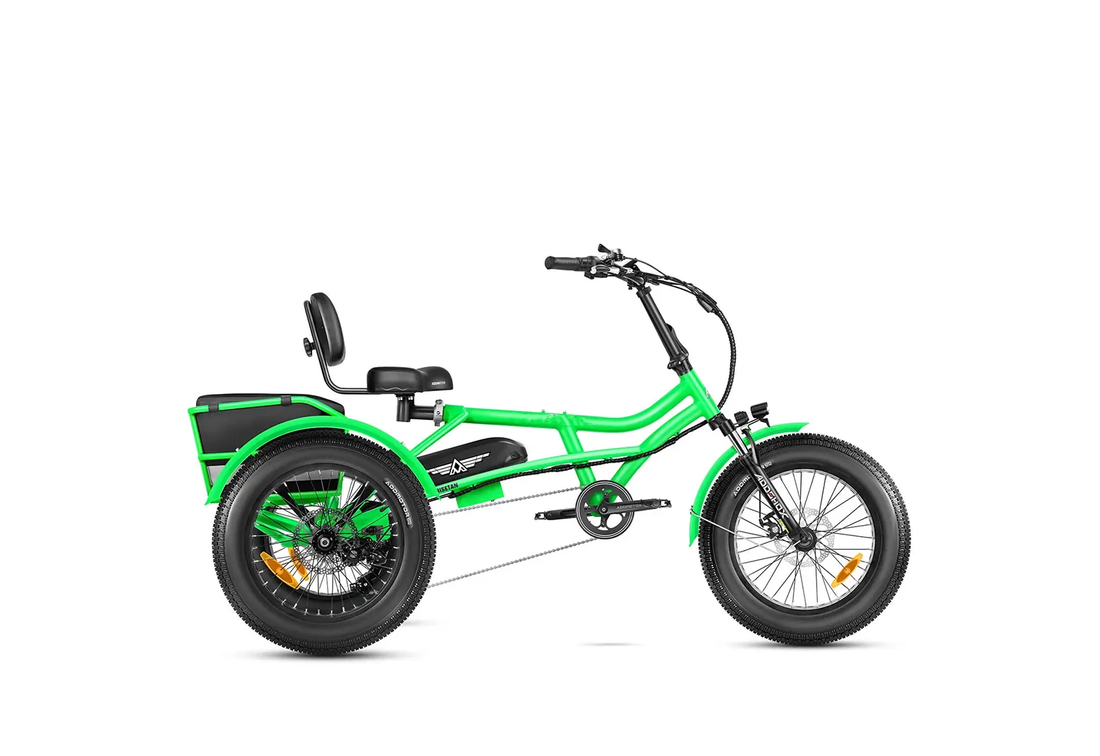 A green three-wheeled adult tricycle with a black seat, backrest, and rear storage compartment, shown in profile on a white background.