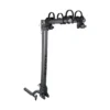 A hitch-mounted, vertical black bike rack with two arms and cradles for holding bicycles, designed to attach to a vehicle’s trailer hitch.