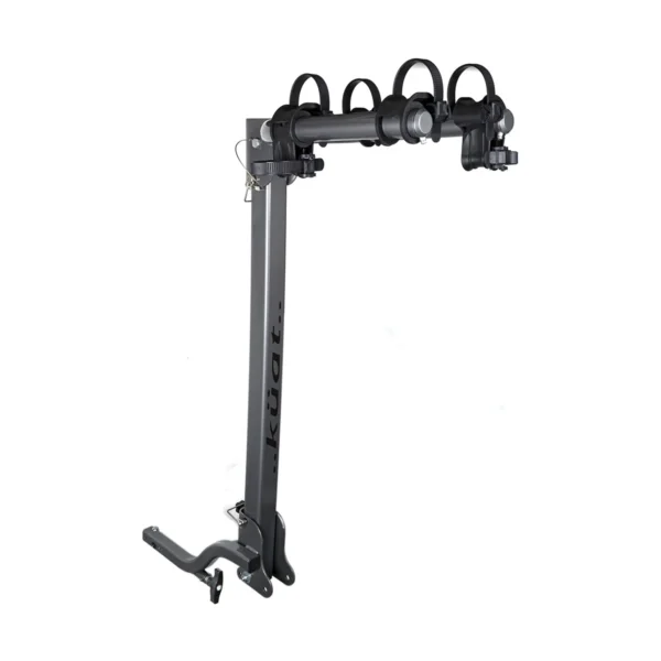 A hitch-mounted, vertical black bike rack with two arms and cradles for holding bicycles, designed to attach to a vehicle’s trailer hitch.