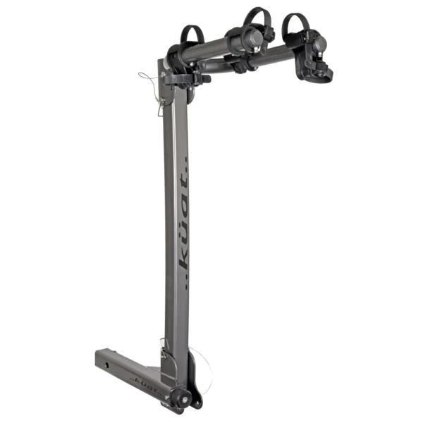 The Beta™ is a hitch-mounted, upright bike rack by Kuat featuring two cradle arms and straps for securing bicycles.