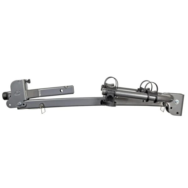 The Beta™ is a gray metal bicycle rack with two arms, mounting hardware, and securing straps, designed for vehicle attachment.