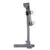 A vertical view of a silver Kuat Beta™ bike rack in a folded position, displaying mounting hardware and securing cables.