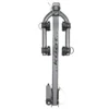 A vertical view of the Beta™ bike rack in a folded position, showing its sturdy metal frame and locking arms for secure bicycle transport.
