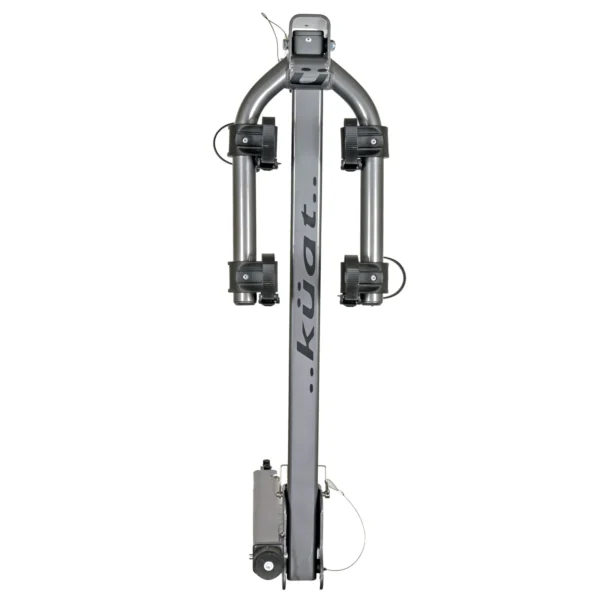 A vertical view of the Beta™ bike rack in a folded position, showing its sturdy metal frame and locking arms for secure bicycle transport.
