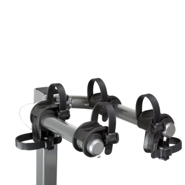 A close-up view of the Beta™ hitch-mounted bike rack featuring two arms, each with adjustable straps to secure bicycles.