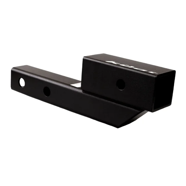 The Hi-Lo is a black metal trailer hitch adapter featuring two holes on one end and a rectangular opening on the other, displayed against a white background.