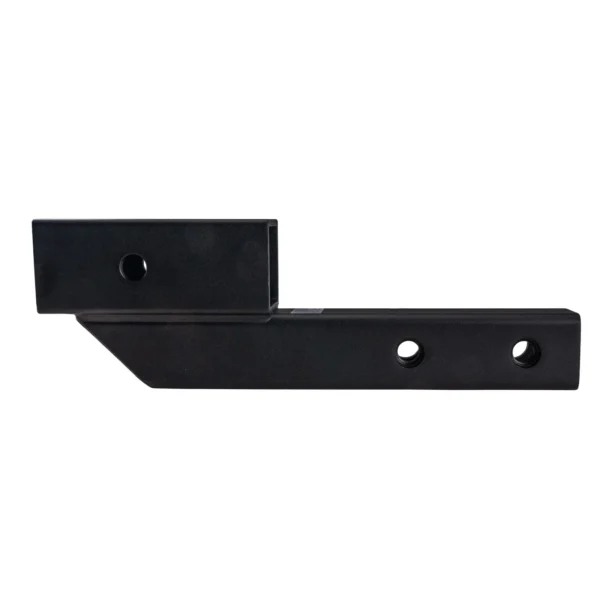 The Hi-Lo is a black metal trailer hitch ball mount with two holes on the horizontal section and one on the vertical section, displayed against a white background.