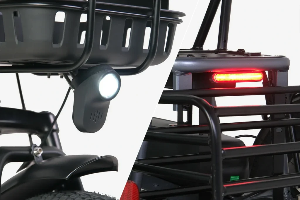 Close-up of a bicycle showing a front white headlight and a rear red taillight, both turned on, attached to the bike frame and basket.