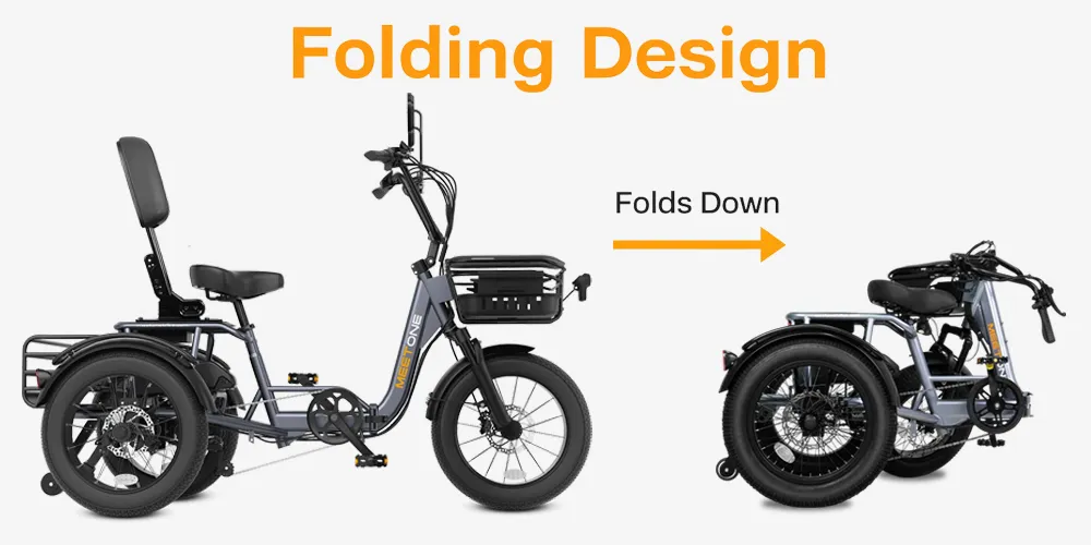 A three-wheeled electric bike is shown unfolded on the left and folded down on the right, demonstrating its compact folding design.