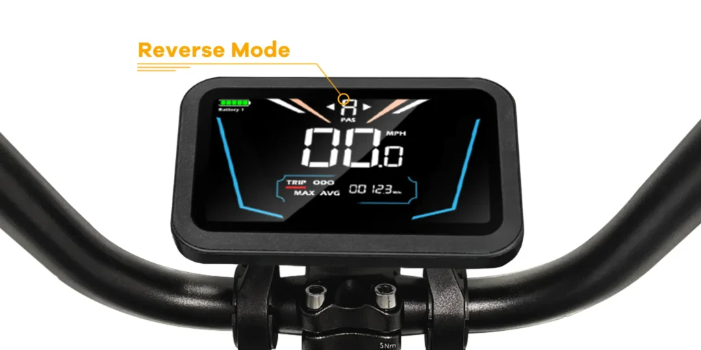 A digital bike display screen shows speed, battery status, and trip data with “Reverse Mode” highlighted above the panel.