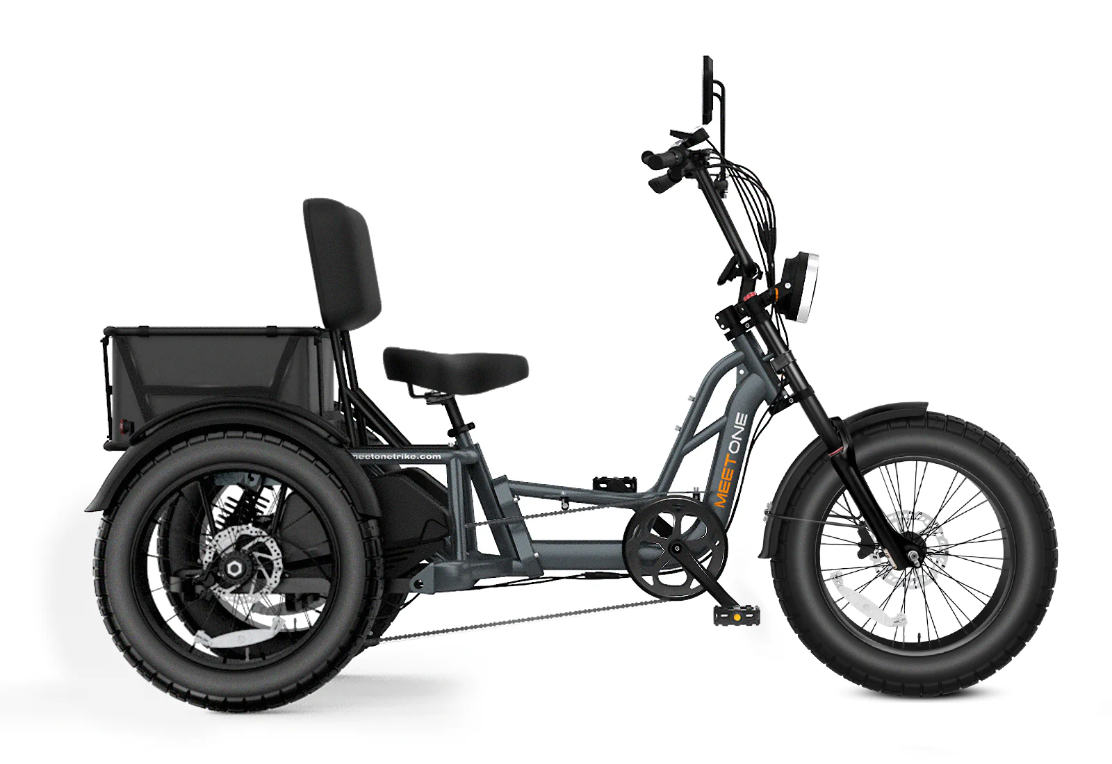 A three-wheeled electric bike with a large rear cargo basket, wide tires, upright handlebars, and a padded seat with a backrest.