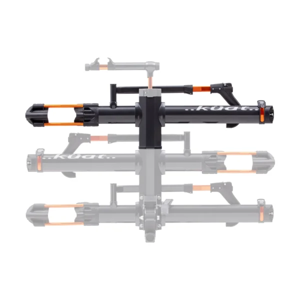A black and orange bicycle hitch rack shown in different tilted positions on a white background.