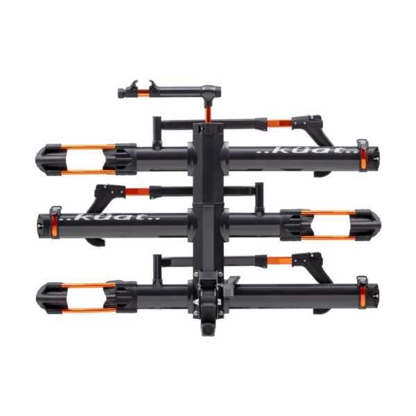 A side view of the black and orange NV™ 2.0 Add-On bike rack, featuring four trays for bicycles, displayed against a white background.