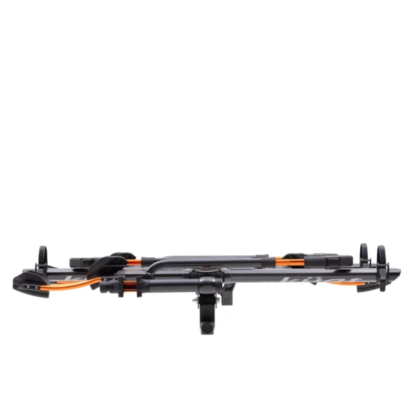 The NV™ 2.0 Add-On, a black hitch-mounted bike rack with orange accents, is displayed folded horizontally against a white background.