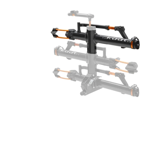 The NV™ 2.0 Add-On bike rack is displayed in black and orange, with a faded duplicate behind it to emphasize its design and structure.