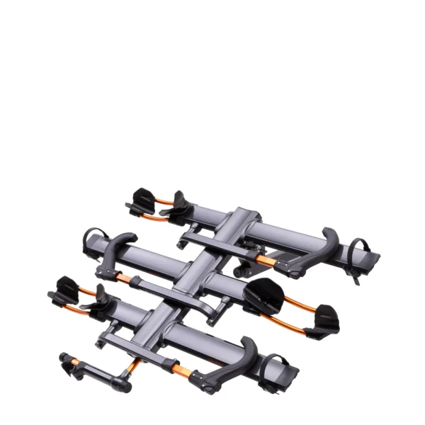 The NV™ 2.0 Add-On, a metal platform-style hitch bike rack with trays and orange straps that holds two bikes, is displayed on a white background.