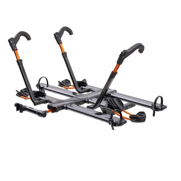 The NV™ 2.0 Add-On is a platform-style, hitch-mounted bike rack with adjustable arms and wheel trays, designed to securely transport two bicycles.