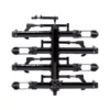 The NV™ 2.0 Add-On is shown from the rear in black, featuring tray-style holders and adjustable arms to secure up to four bicycles on a hitch rack.