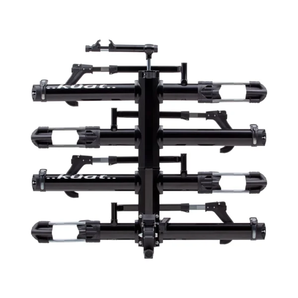 The NV™ 2.0 Add-On is shown from the rear in black, featuring tray-style holders and adjustable arms to secure up to four bicycles on a hitch rack.