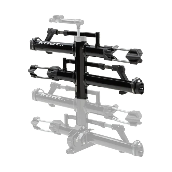 The NV™ 2.0 Add-On is a black metal hitch-mounted bike rack with two arms and mounting cradles, displayed against a white background with a shadow reflection underneath.