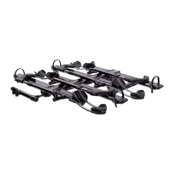 The NV™ 2.0 Add-On is a black, hitch-mounted bike rack for four bikes, with wheel trays and adjustable arms, shown on a white background.