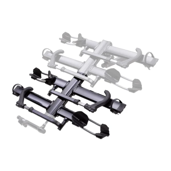 The NV™ 2.0 Add-On is a foldable metal bike rack featuring two sets of wheel trays, clamps, and adjustable arms, pictured in both expanded and collapsed positions.