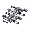 The NV™ 2.0 Add-On is a silver and black metal bike rack that holds four bikes, featuring wheel trays, support arms, and secure locking mechanisms.