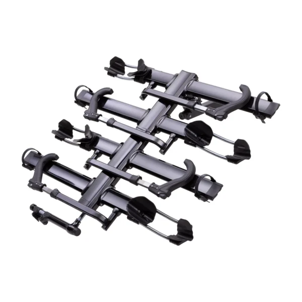 The NV™ 2.0 Add-On is a silver and black metal bike rack that holds four bikes, featuring wheel trays, support arms, and secure locking mechanisms.