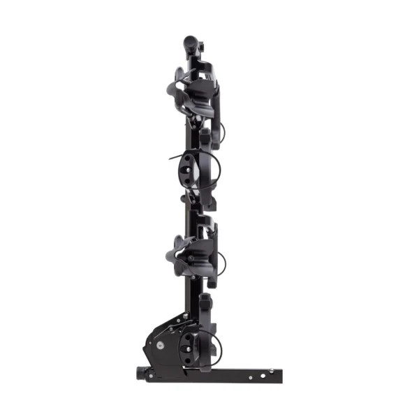 The NV™ 2.0 Add-On is a black, vertical foldable bike rack with mounting hardware and cradles for multiple bikes, shown fully upright against a white background.