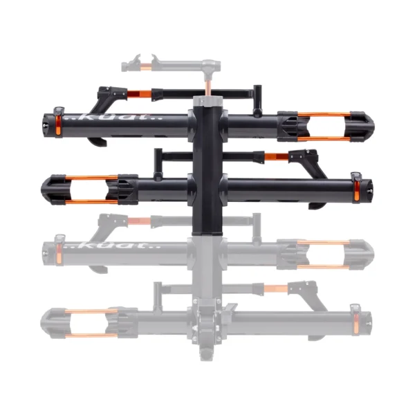 A black and orange NV™ 2.0 Add-On hitch-mounted bicycle rack is displayed against a white background with its reflection visible below.