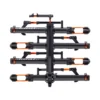The NV™ 2.0 Add-On is a black and orange four-bike hitch rack with horizontal trays and support arms, designed for mounting on your vehicle’s rear hitch.
