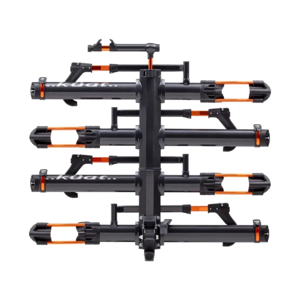 The NV™ 2.0 Add-On is a black and orange four-bike hitch rack with horizontal trays and support arms, designed for mounting on your vehicle’s rear hitch.