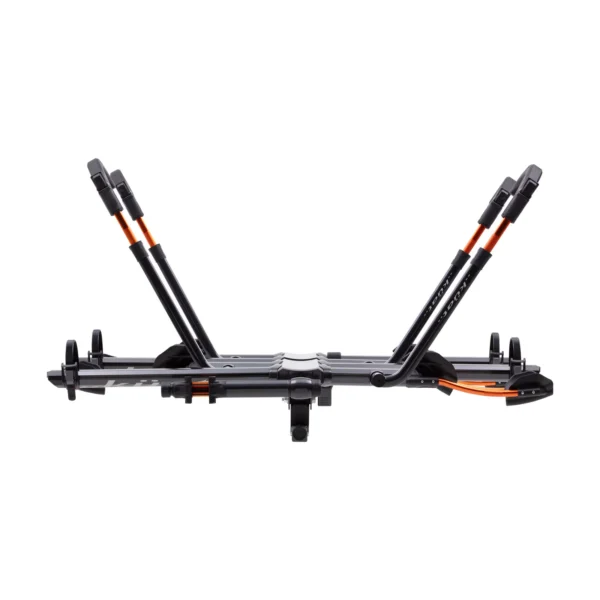 The NV™ 2.0 Add-On is a two-bike platform hitch rack, featuring black and orange accents, displayed from the side with upright support arms extended.