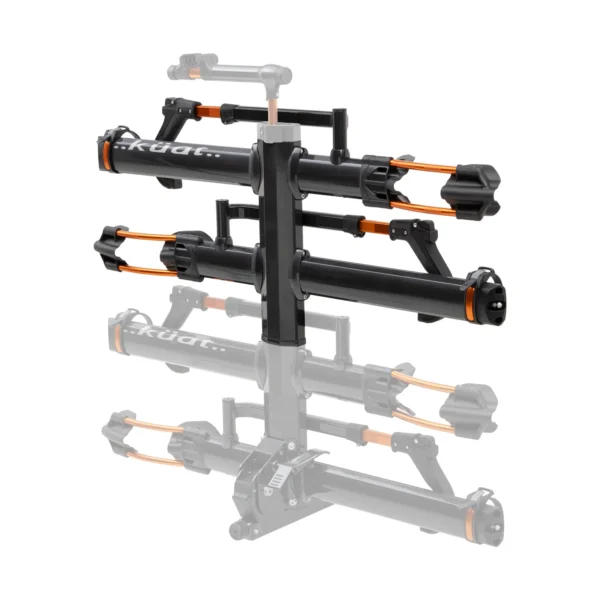 The NV™ 2.0 Add-On is a black and orange platform-style bike rack with multiple adjustable arms, displayed against a white background featuring a faint reflection below.