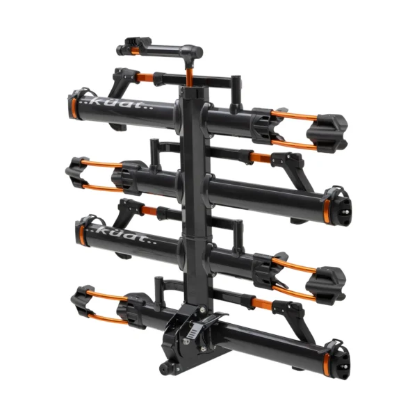 The NV™ 2.0 Add-On is a black and orange hitch rack attachment that holds up to four bikes, displayed here in a folded upright position.