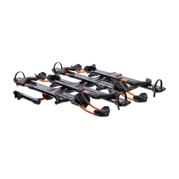 Four NV™ 2.0 Add-On bicycle racks in black and orange, featuring wheel holders and attachment mechanisms, displayed on a white background.