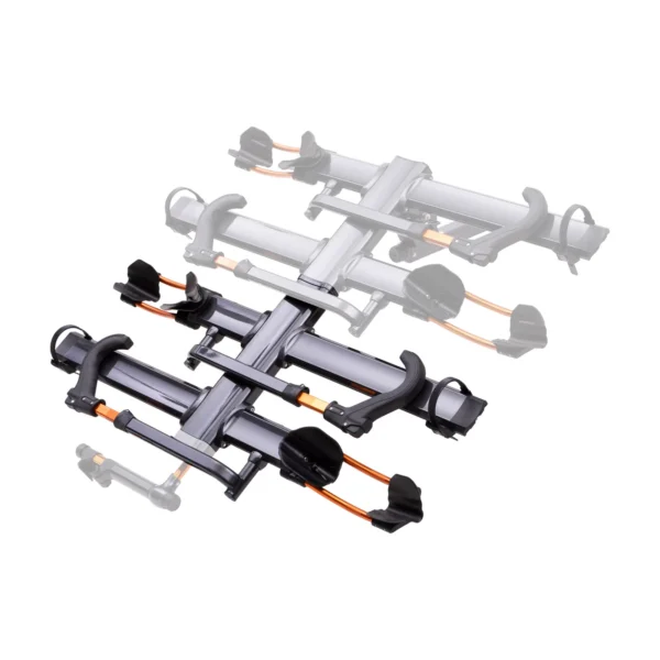 The NV™ 2.0 Add-On, a metal platform-style hitch bike rack with orange and black components, is displayed with a faded duplicate in the background to demonstrate its capacity.